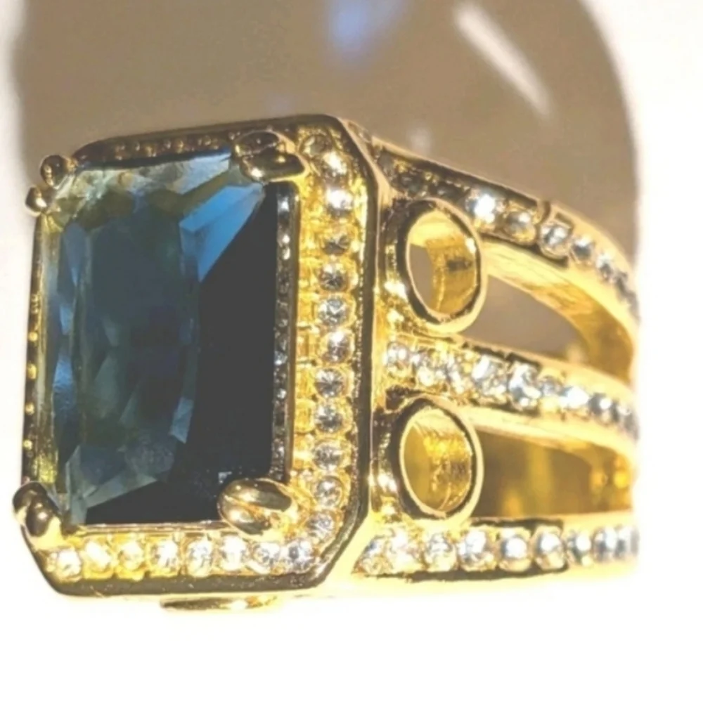 8ct Emerald Lab Created Blue Sapphire Mens Wedding Ring 14k Yellow Gold Plated11